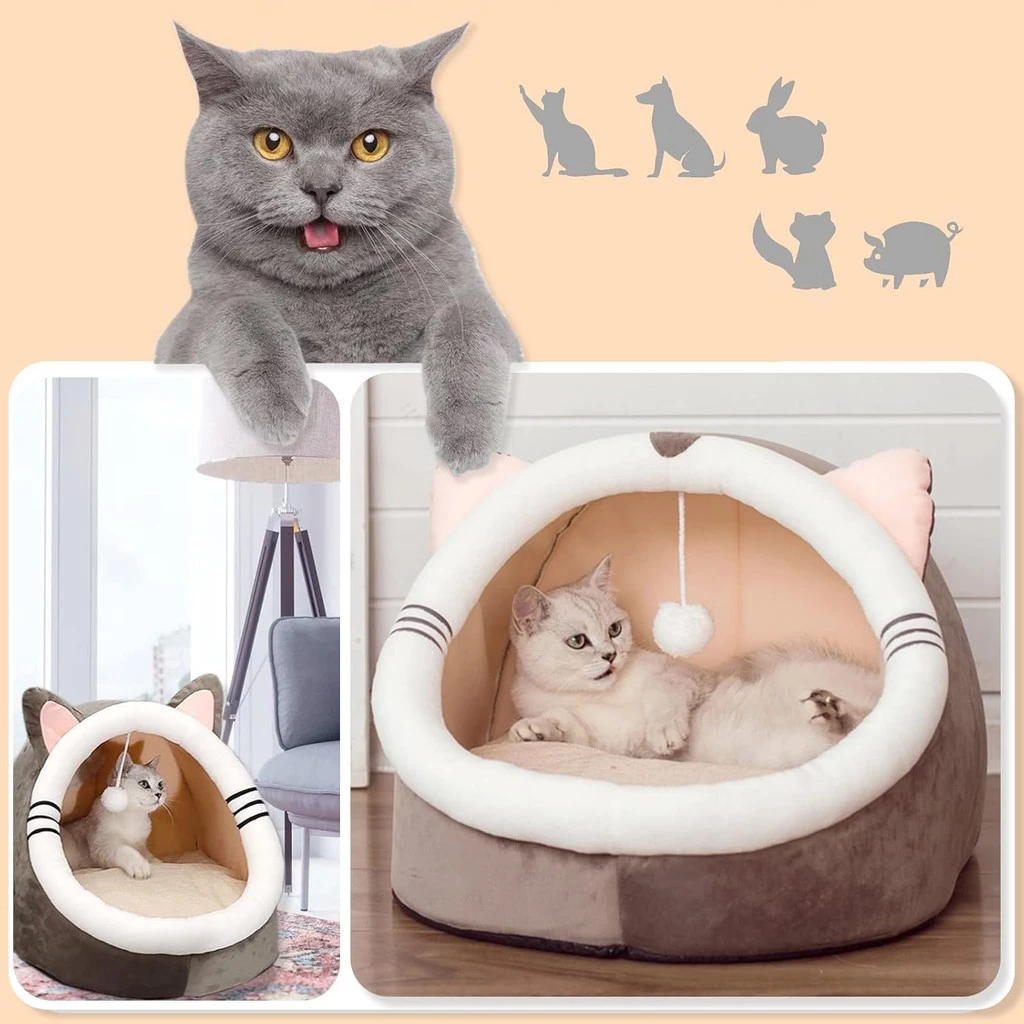 Cama Cabana Pet Formato de Gato Toca com Bolinha Interativa